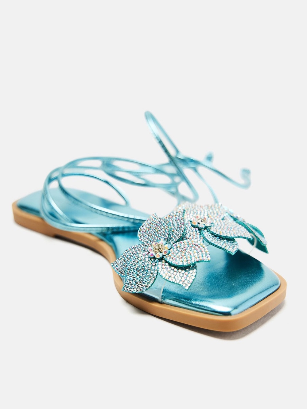 Women's Metallic Blue Embellished Floral Lace-Up Sandals